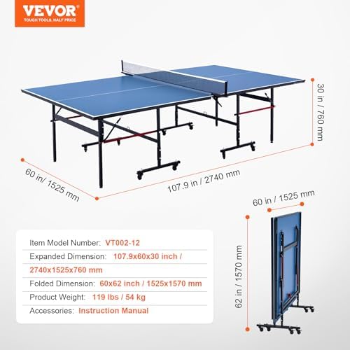 VEVOR Professional Table Tennis Table, Portable MDF Ping Pong Table, Indoor Foldable with Quick Clamp Net, Lockable Whee