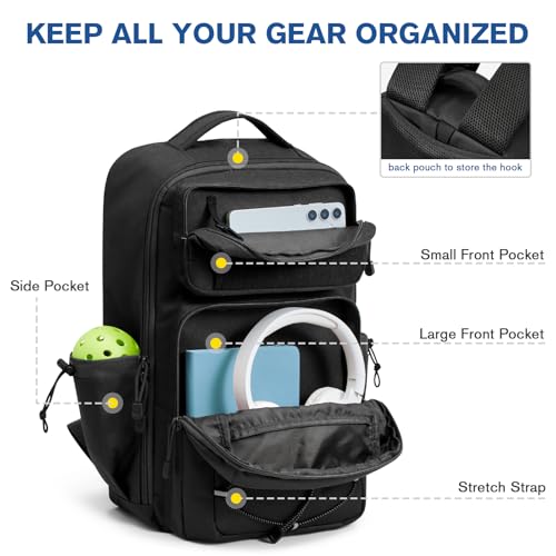 G4Free Black Pickleball Bag for Men and Women Fits 2 to 6 Paddles Large Backpack with Fence Hook - Image 4