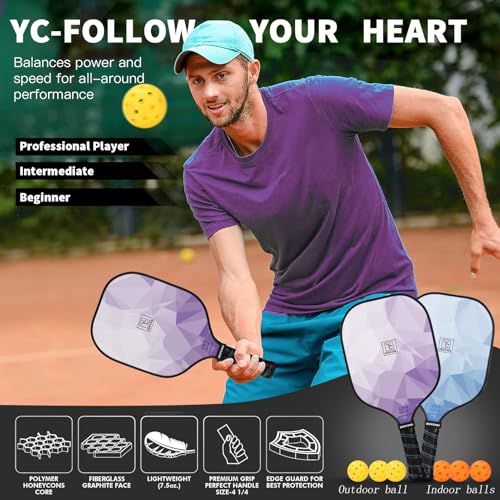 USAPA Approved Pickleball Paddles Set for Women and Men - 4 Paddles, 3 Outdoor, 3 Indoor Balls, Fiberglass Rackets, Over - Image 5