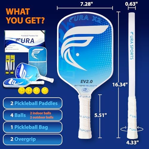 FURA Pickleball Paddle Set of 2 - Lightweight Graphite Rackets for Superior Spin & Control - Includes Bag, Balls & Grips