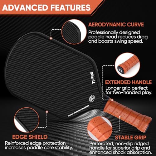 Pickleball Paddle - 3K Raw Carbon Fiber Surface + Carbon Abrasion Surface with High Grit & Spin, Sure-Grip Elongated Han