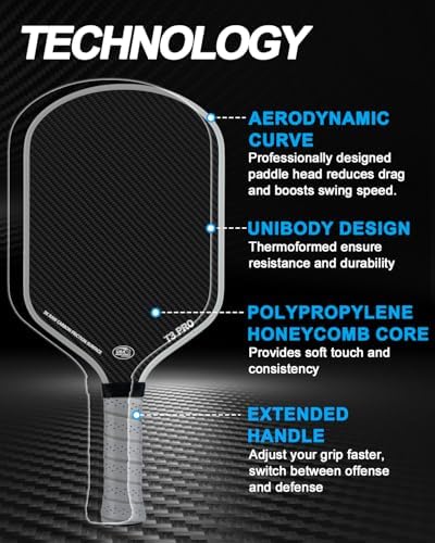 Pickleball Paddle - 3K Raw Carbon Fiber Surface + Carbon Abrasion Surface with High Grit & Spin, Sure-Grip Elongated Han