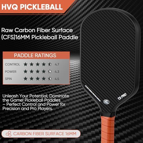 Pickleball Paddle - 3K Raw Carbon Fiber Surface + Carbon Abrasion Surface with High Grit & Spin, Sure-Grip Elongated Han