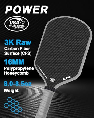 Pickleball Paddle - 3K Raw Carbon Fiber Surface + Carbon Abrasion Surface with High Grit & Spin, Sure-Grip Elongated Han
