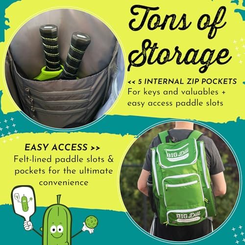 Big Dill Pickleball Backpack for Pickleball Enthusiasts | Large Pickleball Bag with Shoe Compartment for 8+ Paddles & Ac