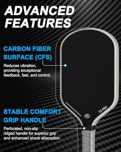 Pickleball Paddle - 3K Raw Carbon Fiber Surface + Carbon Abrasion Surface with High Grit & Spin, Sure-Grip Elongated Han