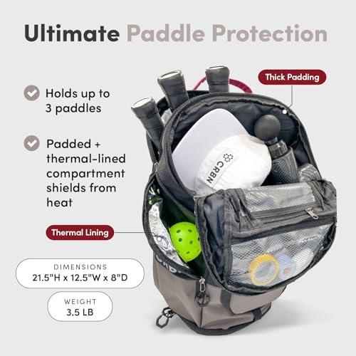 CRBN Pickleball Backpack - Padded Compartment with Space for 3 Paddles, Shoes & More - Pro Team Pickleball Bag