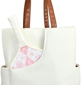 Designer Pickleball Bags for Women | Canvas & Vegan Leather Pickle Ball Tote Bag with Cover Pockets for 4 Paddles | 15"x