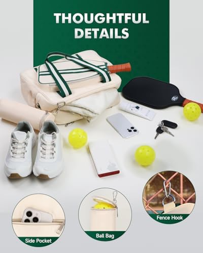 Pickleball Tote Bag for Women & Men with Paddle Cover Pocket External Ball Bag and Adjustable Shoulder Strap Fence Hook