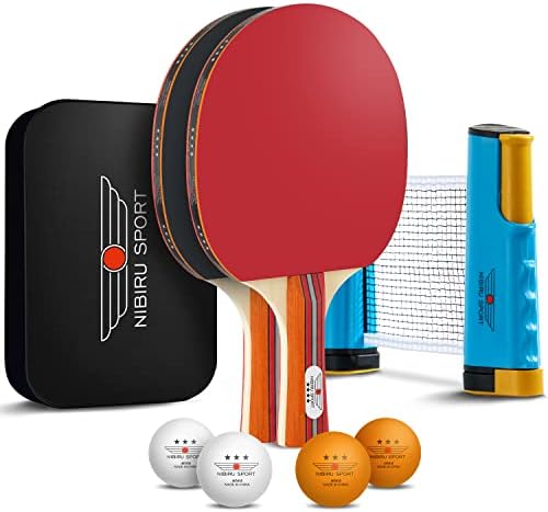 NIBIRU SPORT Professional Ping Pong Paddle Sets for Adults - 4 Player Table Tennis Paddles, Retractable Net and Carry Ba