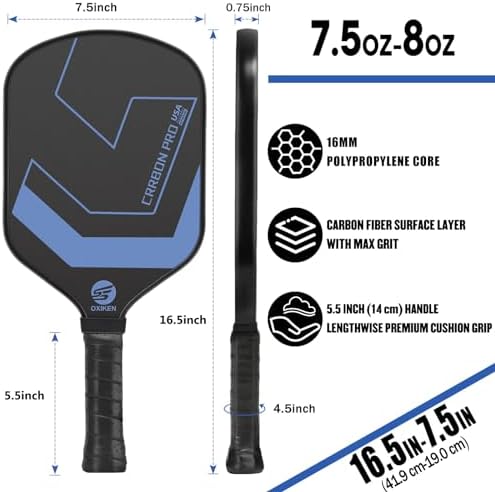 OXIKEN 10/13/16 mm Pickleball Paddles, T700 Carbon Fiber, High Grit & Spin, 5.5” Elongated Handle OXIKEN 10/13/16 mm Pi
