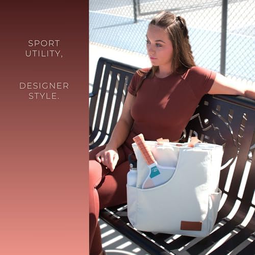 Designer Pickleball Bags for Women | Canvas & Vegan Leather Pickle Ball Tote Bag with Cover Pockets for 4 Paddles | 15"x