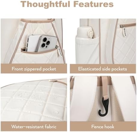 Quilted Pickleball Backpack Women Men Fits 2 to 4 Paddles WaterproofPocket Shoe Compartment