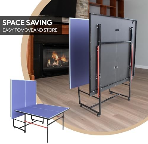 Professional Foldable Ping Pong Table for Indoor & Outdoor Activities - 8FT Mid-Size Table Tennis Table with Net, 2 Tabl