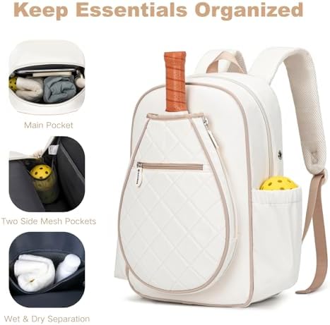 Quilted Pickleball Backpack Women Men Fits 2 to 4 Paddles WaterproofPocket Shoe Compartment