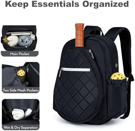 Quilted Pickleball Backpack Women Men Fits 2 to 4 Paddles WaterproofPocket Shoe Compartment
