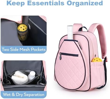 Quilted Pickleball Backpack Women Men Fits 2 to 4 Paddles WaterproofPocket Shoe Compartment