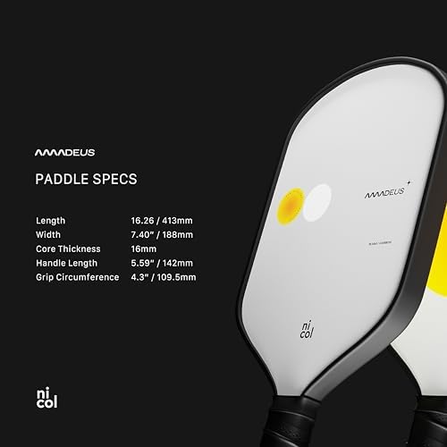 Nicol Amadeus 16MM Pickleball Paddle - Precision Carbon Fiber for More Spin & Control | Lightweight Racket | High-Perfor