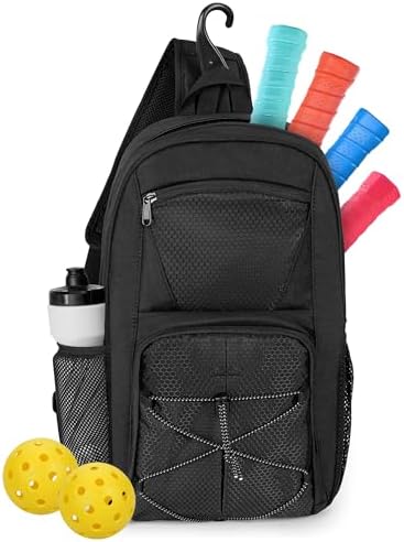 Pickleball Sling Bag for 4 Paddles, Pickleball Crossbody Backpack with Multiple Pockets and Hanging Fence Hook for Men a