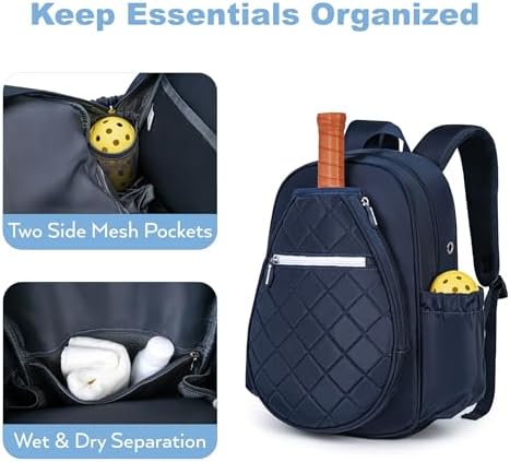 Quilted Pickleball Backpack Women Men Fits 2 to 4 Paddles WaterproofPocket Shoe Compartment
