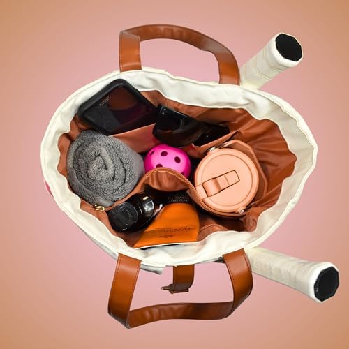 Designer Pickleball Bags for Women | Canvas & Vegan Leather Pickle Ball Tote Bag with Cover Pockets for 4 Paddles | 15"x