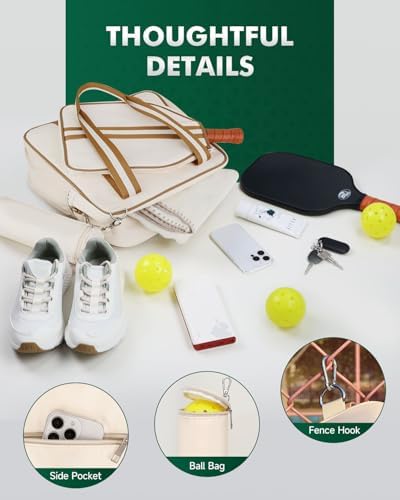 Pickleball Tote Bag for Women & Men with Paddle Cover Pocket External Ball Bag and Adjustable Shoulder Strap Fence Hook