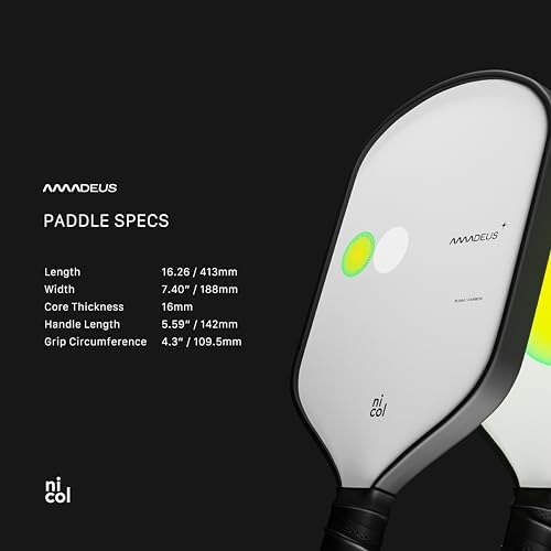 Nicol Amadeus 16MM Pickleball Paddle - Precision Carbon Fiber for More Spin & Control | Lightweight Racket | High-Perfor