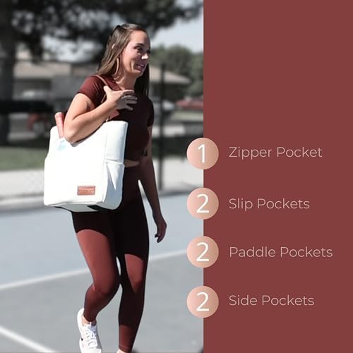 Designer Pickleball Bags for Women | Canvas & Vegan Leather Pickle Ball Tote Bag with Cover Pockets for 4 Paddles | 15"x
