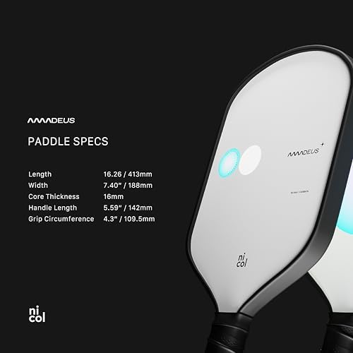 Nicol Amadeus 16MM Pickleball Paddle - Precision Carbon Fiber for More Spin & Control | Lightweight Racket | High-Perfor