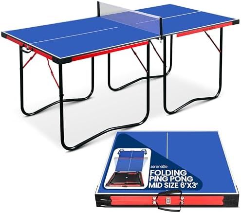 SereneLife Midsize Portable Ping Pong Table Set with Net for Home Gym - Space-Saving Design, Blue SereneLife Midsize F