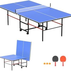 Professional Foldable Ping Pong Table for Indoor & Outdoor Activities - 8FT Mid-Size Table Tennis Table with Net, 2 Tabl