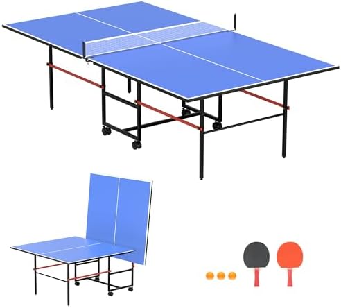 Professional Foldable Ping Pong Table for Indoor & Outdoor Activities - 8FT Mid-Size Table Tennis Table with Net, 2 Tabl