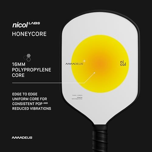 Nicol Amadeus 16MM Pickleball Paddle - Precision Carbon Fiber for More Spin & Control | Lightweight Racket | High-Perfor