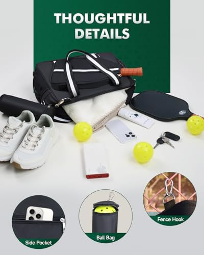 Pickleball Tote Bag for Women Men + Adjustable Shoulder Strap + Fence Hook