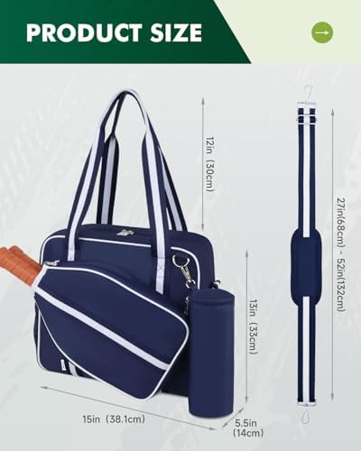 Pickleball Tote Bag for Women & Men with Paddle Cover Pocket External Ball Bag and Adjustable Shoulder Strap Fence Hook