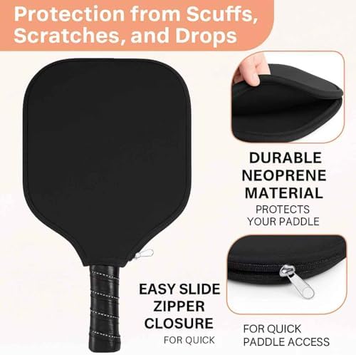 Pickleball Paddle Cover - Zippered Neoprene Protective Sleeves & Mesh Bag (8.6"x1|2"), Fits Most USAPA Standard (Black)