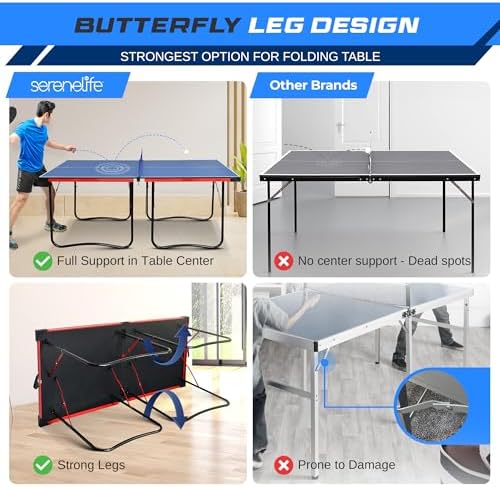 SereneLife Midsize Portable Ping Pong Table Set with Net for Home Gym - Space-Saving Design, Blue SereneLife Midsize F