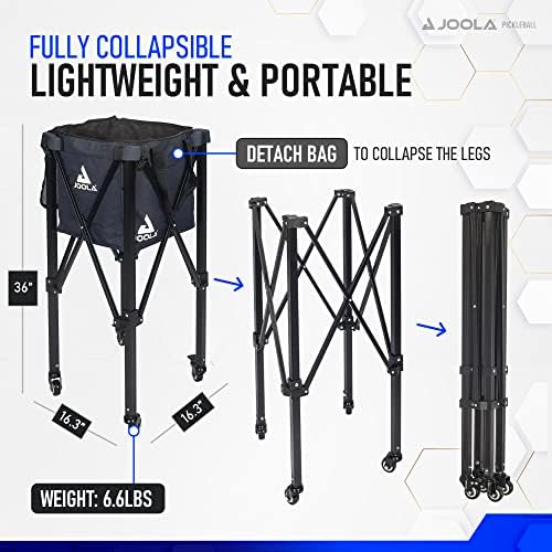 JOOLA Pickleball Ball Caddy for Practice and Pickleball Machine, Holds 100 Balls + 2 Side Pockets, Black Wheel Cart JO