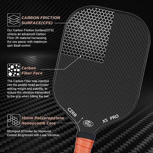 USA Pickleball Approved Pickleball Paddle, 3K Raw Carbon Fiber Surface (CFS) High Grit & Spin, 16MM Polypropylene Honeyc