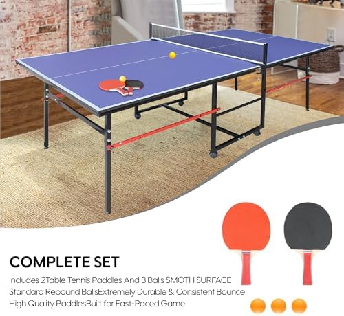 Professional Foldable Ping Pong Table for Indoor & Outdoor Activities - 8FT Mid-Size Table Tennis Table with Net, 2 Tabl