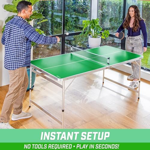 GoSports Mid-Size Table Tennis Table Set for Home & Gym - Green or Blue - 6 x 3 ft - Adjustable Height | GoSports Green