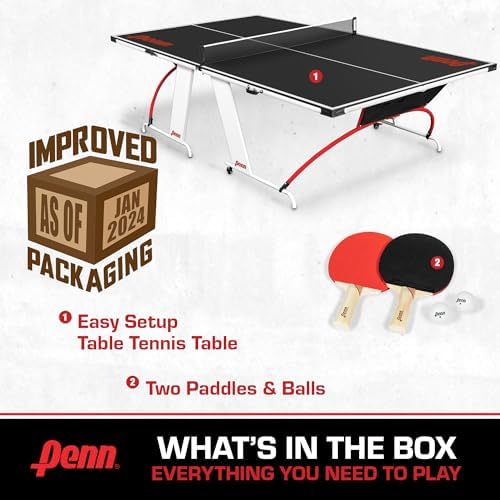 Penn Full Size Table Tennis Table - Easy Setup - Play Anywhere - Compact Storage - 2 Paddles and 2 Balls