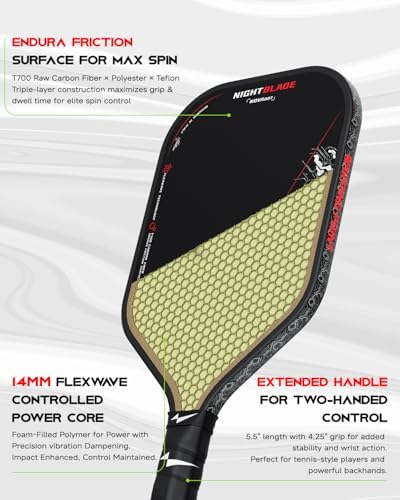 Nightblade Raw Carbon Fiber Pickleball Paddle - UPA-A & USAPA Approved, Enhanced Impact Feel & Spin, Long Handle for Two