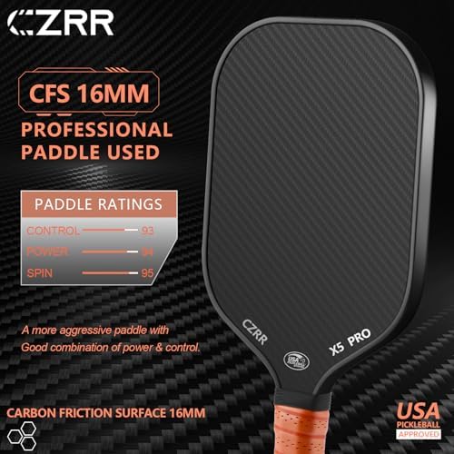 USA Pickleball Approved Pickleball Paddle, 3K Raw Carbon Fiber Surface (CFS) High Grit & Spin, 16MM Polypropylene Honeyc