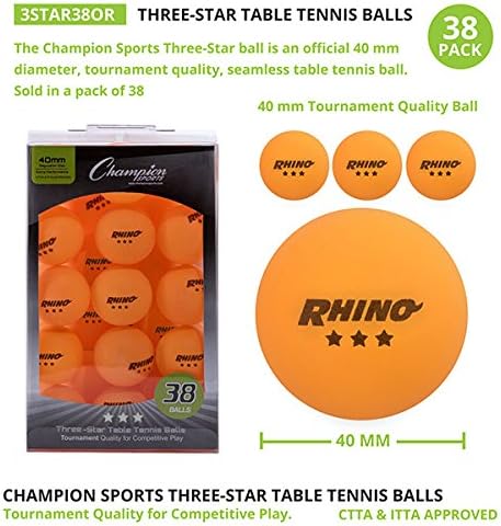 Champion Sports 3 Star Table Tennis Ball Pack - Tournament Size Orange Ping Pong Balls, 38 Set | CTTA and ITTA Approved