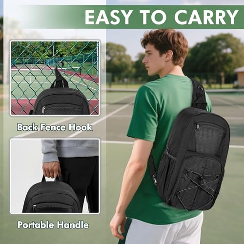 Pickleball Sling Bag for 4 Paddles, Pickleball Crossbody Backpack with Multiple Pockets and Hanging Fence Hook for Men a
