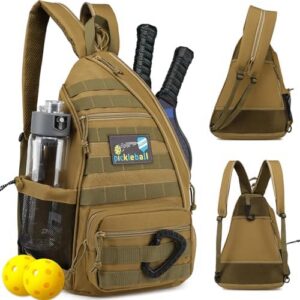 Tactical Pickleball Backpack Brown Women Men Adjustable Sling Bag Fence Hook Water Bottle