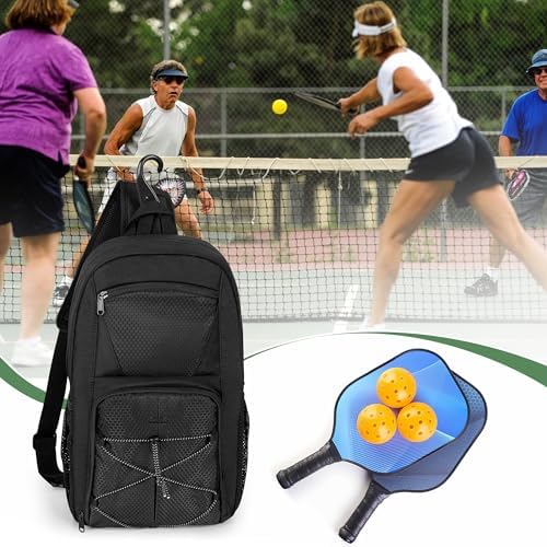 Pickleball Sling Bag for 4 Paddles, Pickleball Crossbody Backpack with Multiple Pockets and Hanging Fence Hook for Men a
