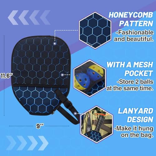 Pickleball Racket Paddle Cover Neoprene Sleeve with Mesh Pocket Portable Lanyard Gifts Pickleball Racket Paddle Cover fo