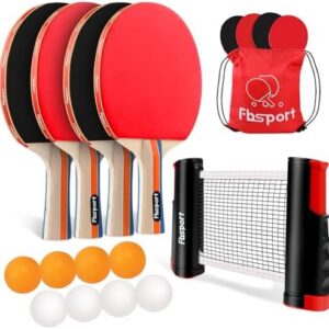 FBSPORT Ping Pong Paddle Set, Table Tennis Set with 4 Rackets and 8 Balls - Indoor/Outdoor Games for Beginners and Exper